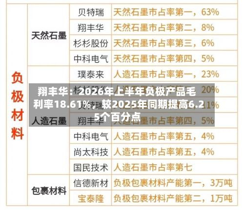 翔丰华：2026年上半年负极产品毛利率18.61%，较2025年同期提高6.25个百分点